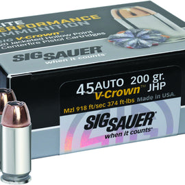 Sig Sauer E45AP1-20 Elite V-Crown Performance Pistol Ammo 45 ACP, JHP 200 Gr, 918 fps, 20 Rnd, Boxed